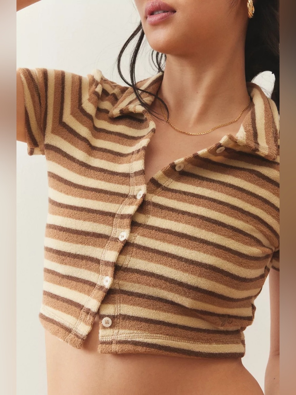 Urban Outfitters Out From Under Airy Terry Cropped Polo Shirt striped brown M